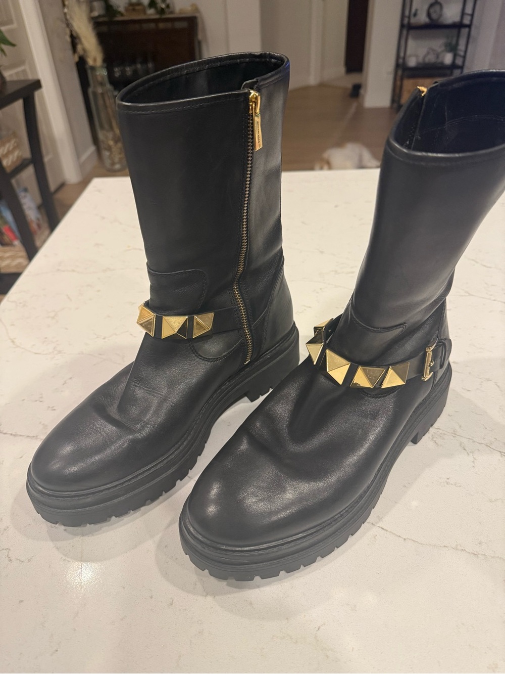 Michael Kors Black Leather Mid-Calf Combat Boots with Gold Studs